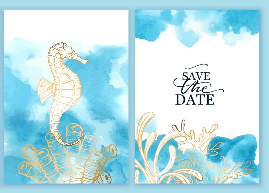 Einladungskarte mit Seepferdchen in blau , Schriftzug "Save The Date"